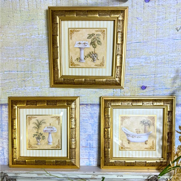 3 VINTAGE GOLD FRAMED PALM TREE NAUTICAL COASTAL BATHROOM PICTURES Bundle Bamboo - Picture 2 of 14